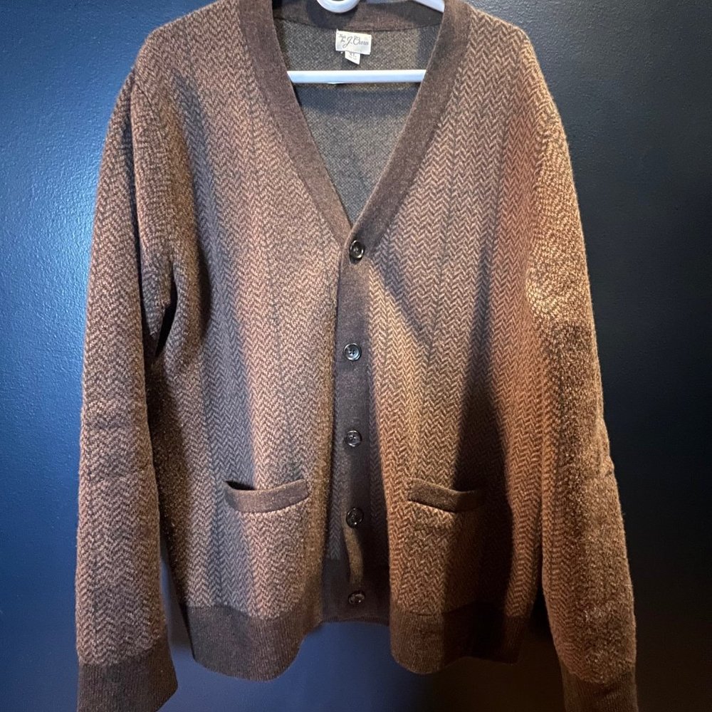 J. Crew wool herringbone jacquard V-neck cardigan sweater